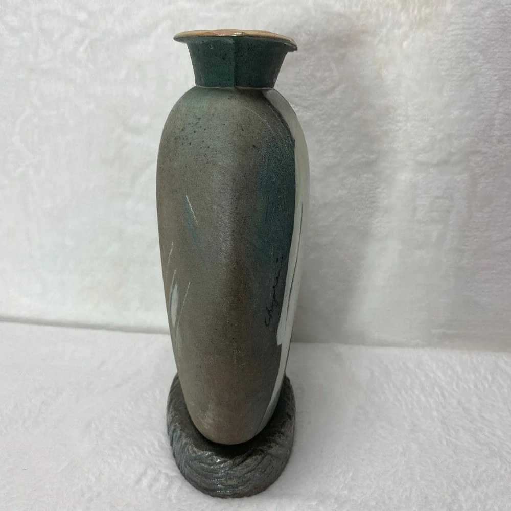 Unique Pottery Ceramic Signed Vase Abstract Design‎ Nude Couple Textured Base